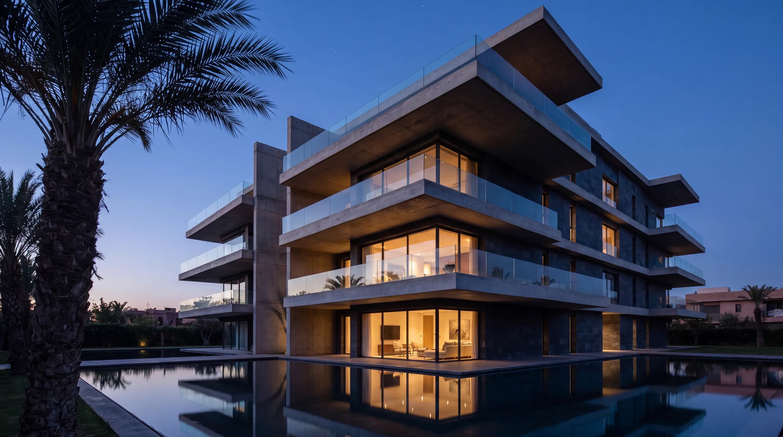 Résidence d'appartements contemporaine à Marrakech, architecture en porte-à-faux avec piscine miroir au blue hour