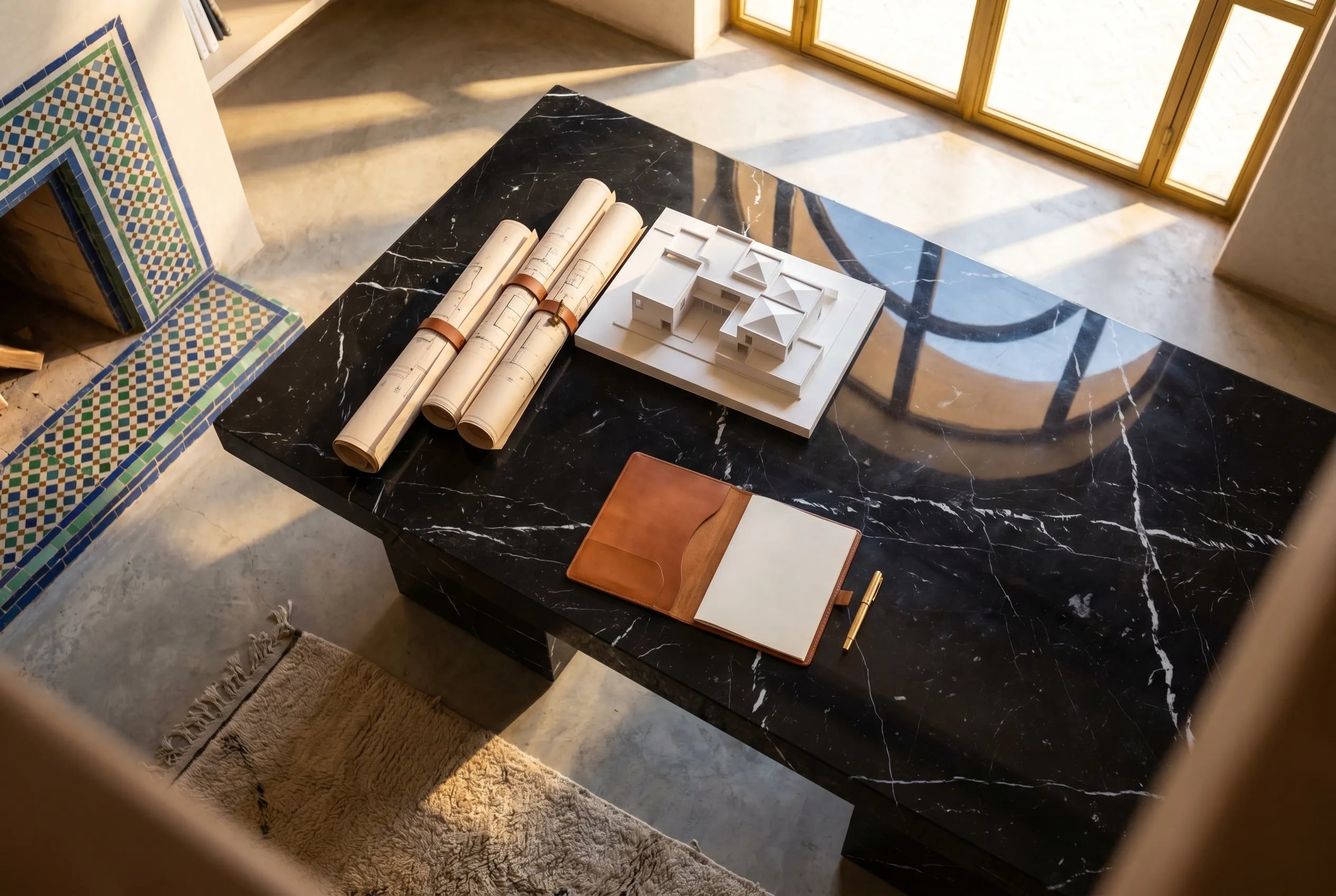 Bureau d'architecte avec maquette et plans à Marrakech